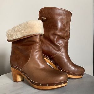 UGG AUSTRALIA LYNNEA LEATHER WOOD HEEL CLOG BOOT 7